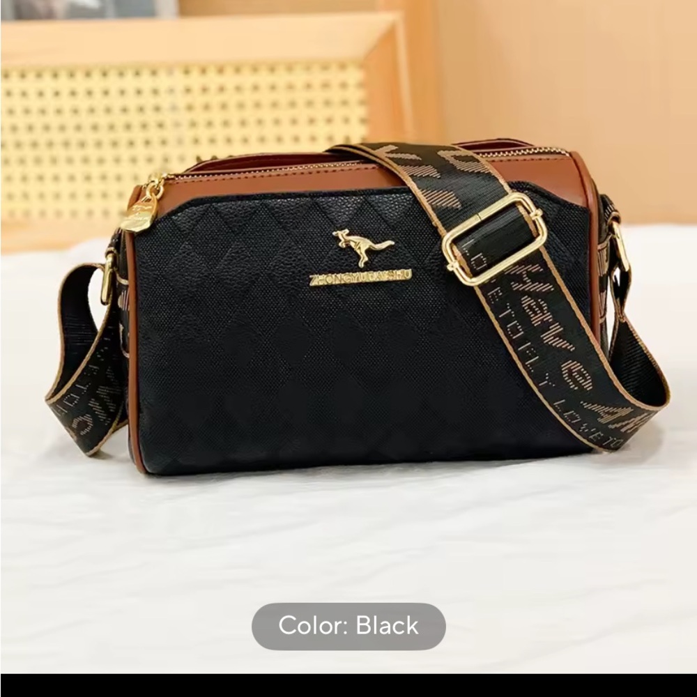 Black and Brown Crossbody Bag with Gold Accents